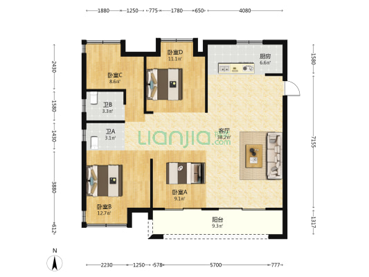 中庚香江世界一区 4室1厅2卫 125平方