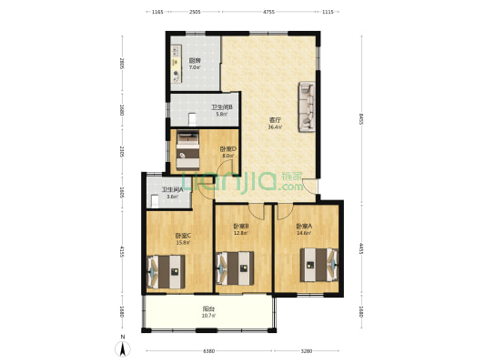 青年苑 4室1厅2卫 128平方