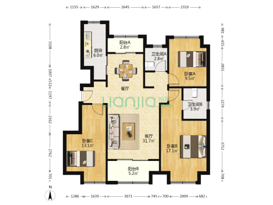 恒基旭辉中心(公寓) 3室1厅2卫 114平方