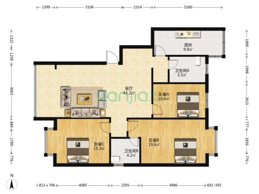 朝阳新城 3室1厅2卫 125平方