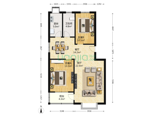 北工村 2室2厅1卫 98平方