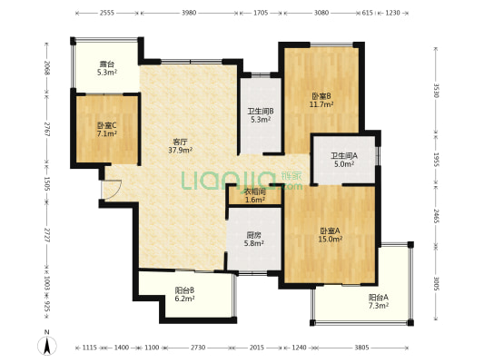 世纪山水 3室1厅2卫 123平方