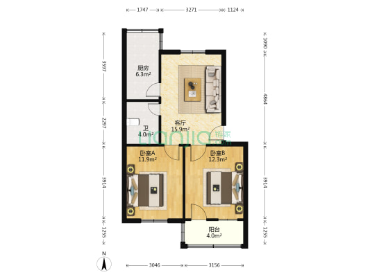 肉联厂宿舍 2室1厅1卫 67平方