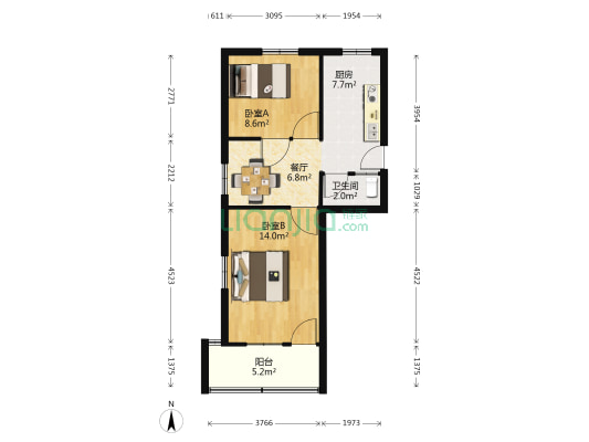 水心住宅区杨组团 2室1厅1卫 53平方