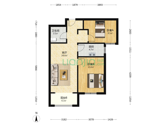 牛津花园   南向两居室    精装修   随时看房-户型图