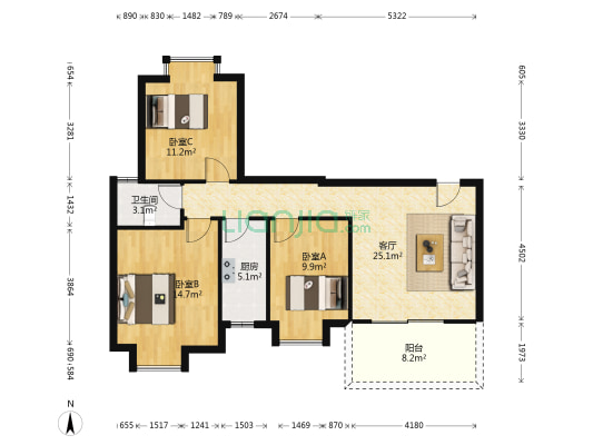 云山名苑 3室1厅1卫 90平方
