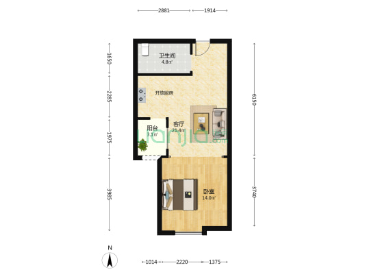 南悦城爱情海城市广场 1室1厅1卫 61平方