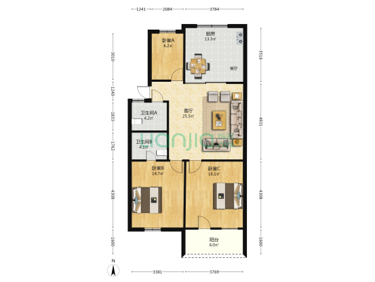 宏航新城B区 3室1厅2卫 98平方