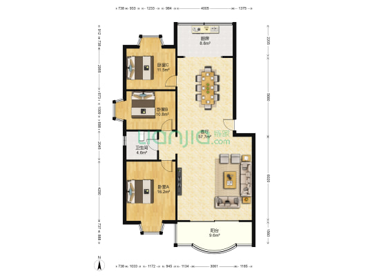 开磷宅吉花园南苑 3室1厅1卫 121平方