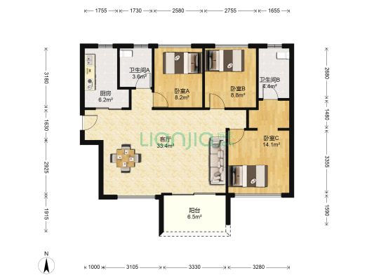 金域华府 3室1厅2卫 84平方