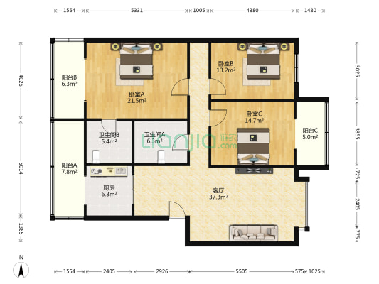 东坡区地税局家属区 3室1厅2卫 127平方
