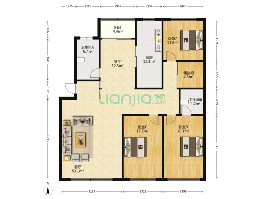 五三大道70号 3室2厅2卫 160平方