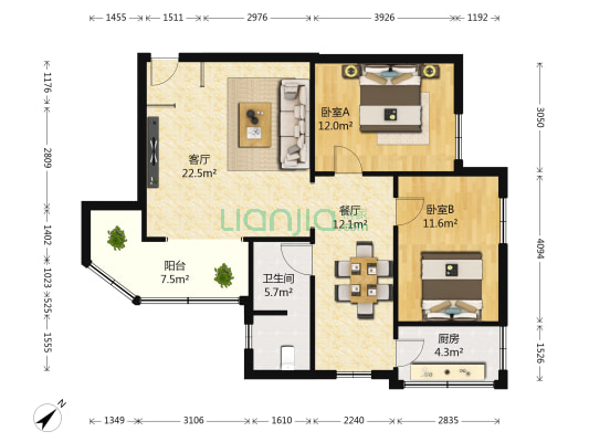 一环路南三段55号 2室2厅1卫 88平方