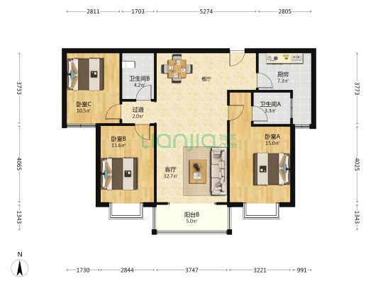 世祥花园 3室1厅2卫 118平方