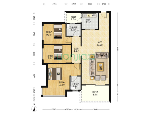 信昌鑫苑 3室1厅2卫 108平方