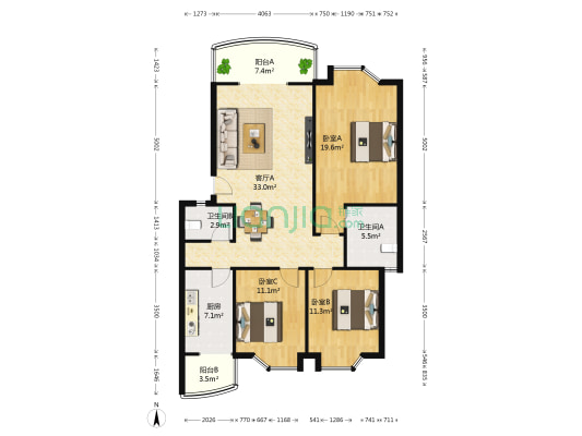 簇桥中街166号 3室1厅2卫 110平方