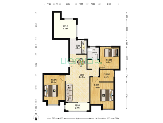 富邦豪庭 3室1厅1卫 113平方