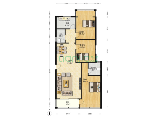 粮油大院宿舍 3室1厅2卫 113平方