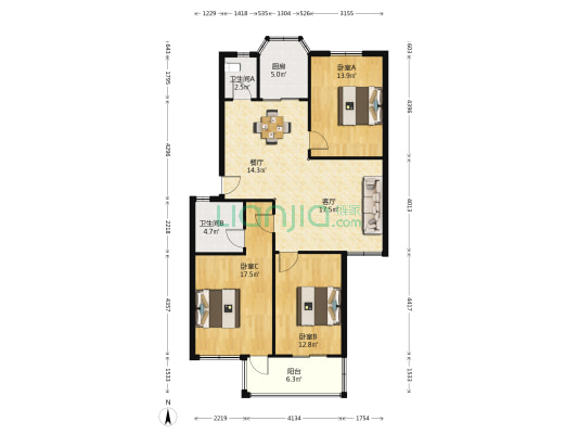 海龙公寓 3室2厅2卫 108平方