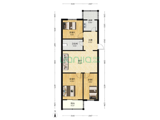 乾泽苑小区二期 3室1厅1卫 86平方