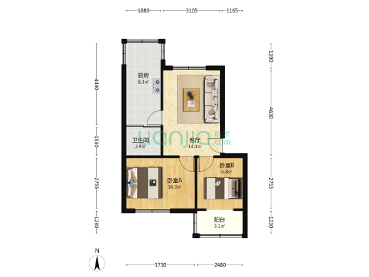 范阳路南北通透 两居室，中间楼层采光好-户型图