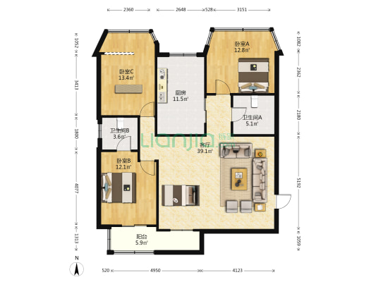 华福大厦 3室1厅2卫 160平方