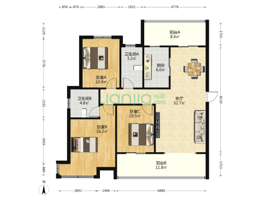 旭强首府 3室1厅2卫 128平方