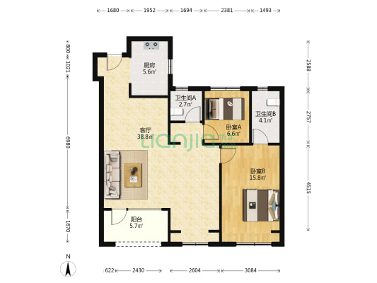 吾悦华府B2 2室1厅2卫 109平方