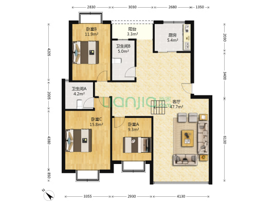 麒麟佳园 3室1厅2卫 117平方