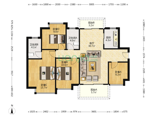 方直星澜 4室1厅2卫 117平方