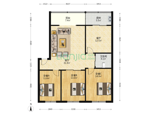 理工大学西区 3室2厅1卫 125平方