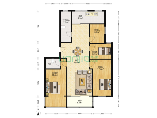 阳光世纪城迎春苑 4室1厅2卫 143平方