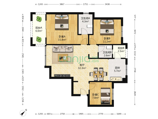 鹭湖宫五号社区 3室1厅2卫 115平方