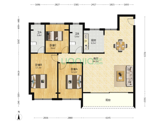 中锐星公元 3室1厅2卫 136平方