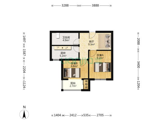 亚林西居住区9号院 2室1厅1卫 58平方