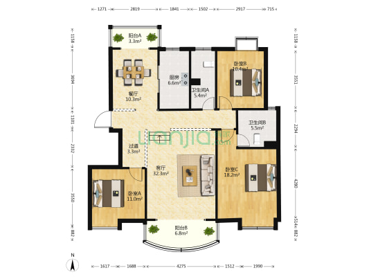 福康花园北区 3室2厅2卫 131平方