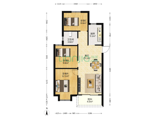 绿地国际街区 3室1厅1卫 98平方