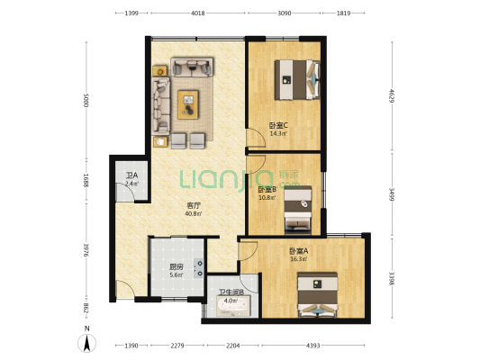 庆园大厦 3室1厅2卫 118平方