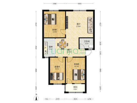 新都水南公寓 3室2厅1卫 93平方