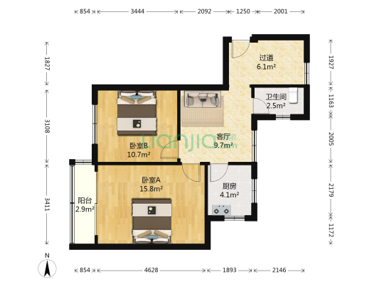 中山路501号 2室1厅1卫 59平方