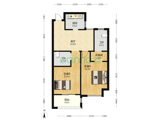杜诗苑 2室1厅2卫 80平方