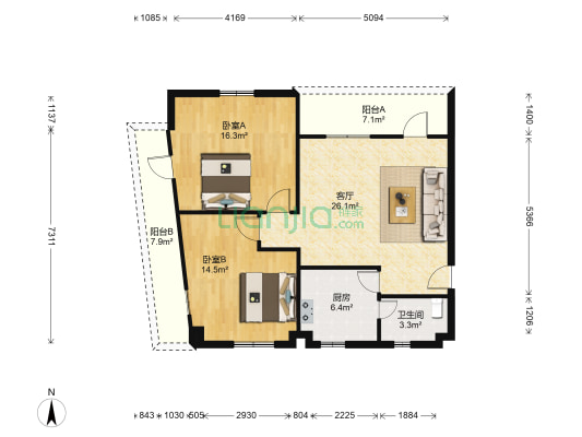 光明路 2室1厅1卫 77平方