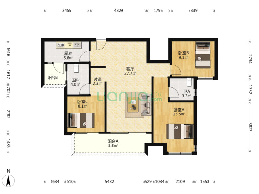 保利国际城中央花园B区 3室1厅2卫 99平方