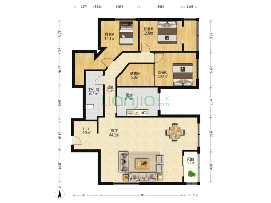 柏丽花园 3室1厅1卫 160平方