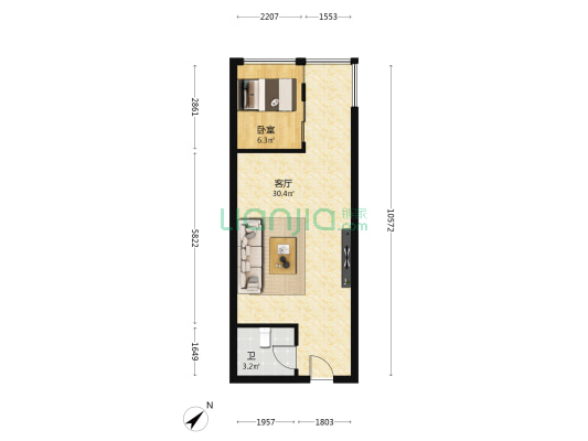金太阳江安湖1号 1室1厅1卫 45平方