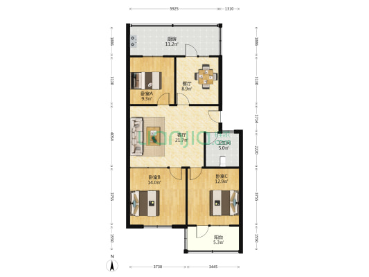 建工花园 3室2厅1卫 103平方