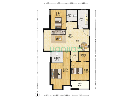 花屿湖郡东区 3室1厅2卫 113平方