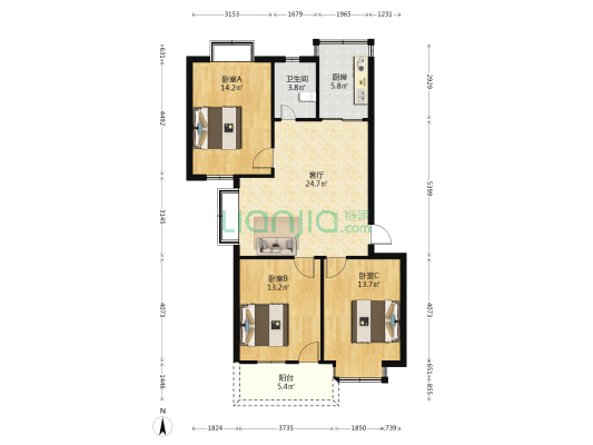 福飞南路153号 3室1厅1卫 107平方