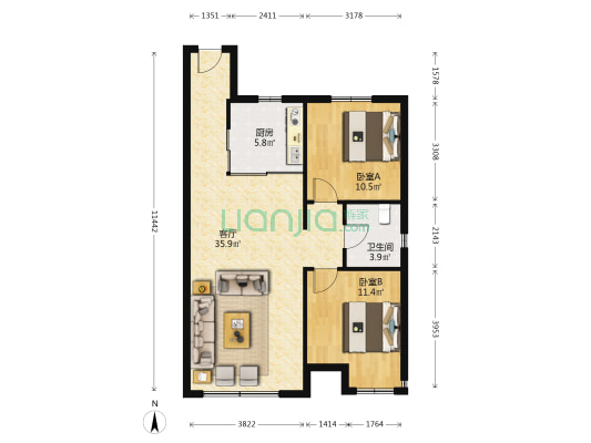 润德锦城 2室1厅1卫 91平方