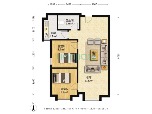 尚街时代广场 2室1厅1卫 82平方